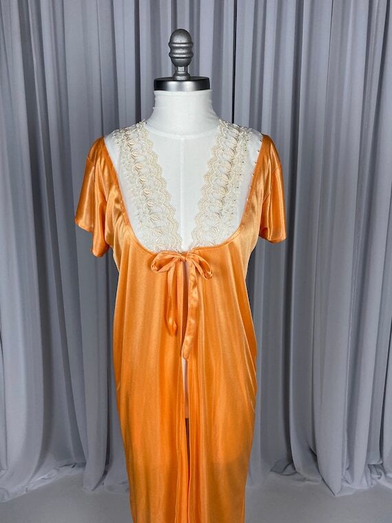 70s Vintage Satin Robe: Orange Lace Housecoat...