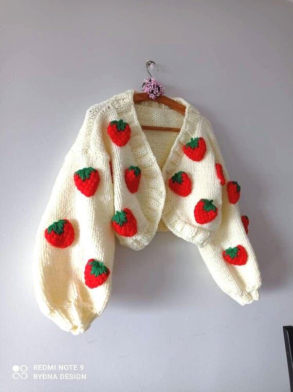 BYDNA Cozy Handmade Strawberry Knit Cardigan,...