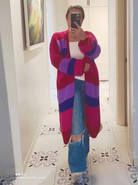Handknitted Maxi Cardigan, Multicolor Angora ...