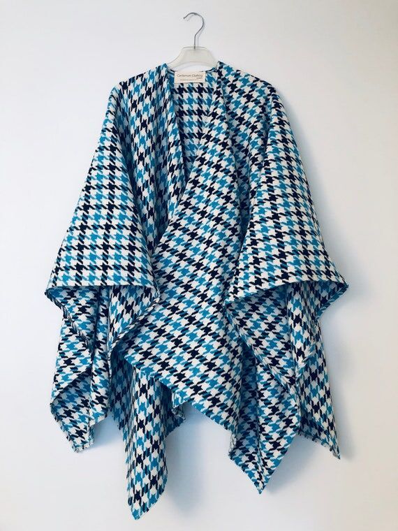 Mens Poncho Cape - Blue Houndstooth Wool Ponc...