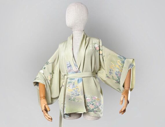 Green Crepe Silk Kimono Jacket. Upcycled Vin...