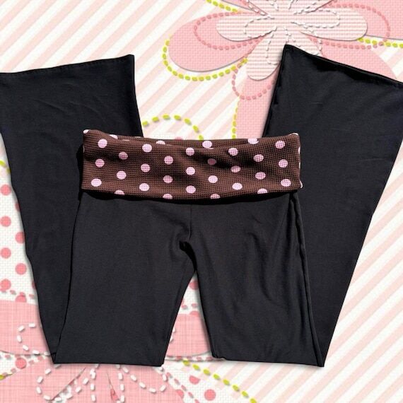 Y2K Low Rise Flare Pants: Brown & Pink Polka ...