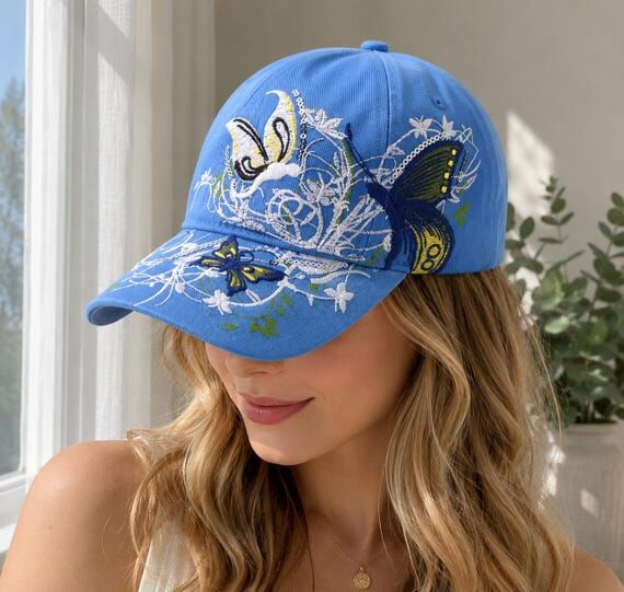 Blue Floral Butterfly Cotton Cap Adjustable B...