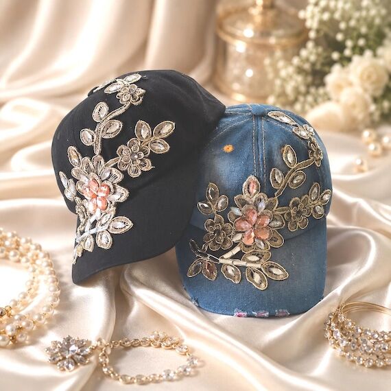 Rhinestone Baseball Cap Crystal Applique Flor...
