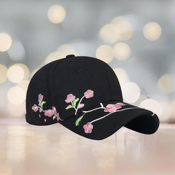 Floral Embroidered Black Cotton Baseball Cap ...