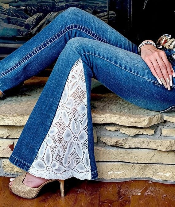 Custom Upcycled Lace Flare Jeans Boho Festiva...