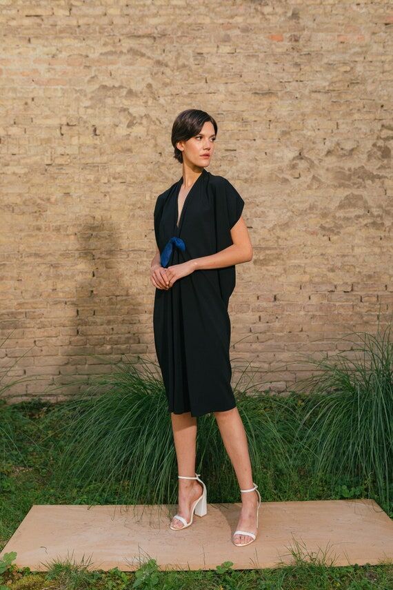 Black Draped Dress: Elegant V-Neck Cocktail P...
