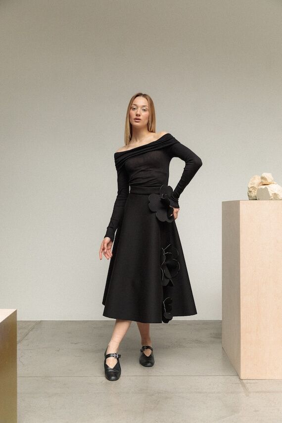 Handmade Neoprene Midi Skirt/ Elegant Black F...