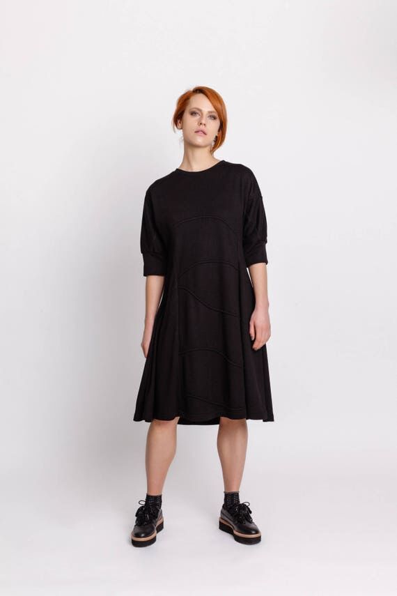 Black Midi Dress/ Handmade Cotton-Viscose Ble...