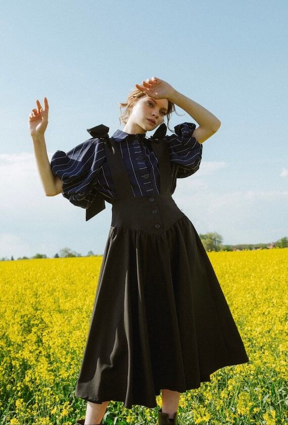 Black Midi Skirt: High Waist Voluminous Skirt...