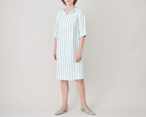 Vintage Striped Linen Shift Dress: Elegant XS...