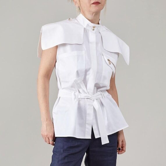 Handmade White Cotton Utility Blouse with Epa...