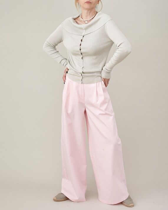 100% Cotton Wide Leg Pants | Pleated High Wai...