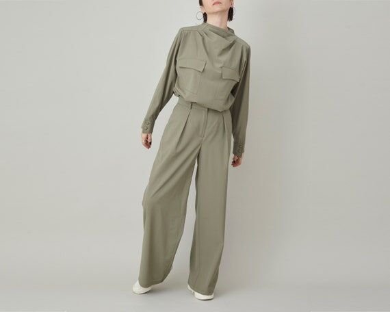 Handmade Wool Two Piece Set: Draped Collar Bl...