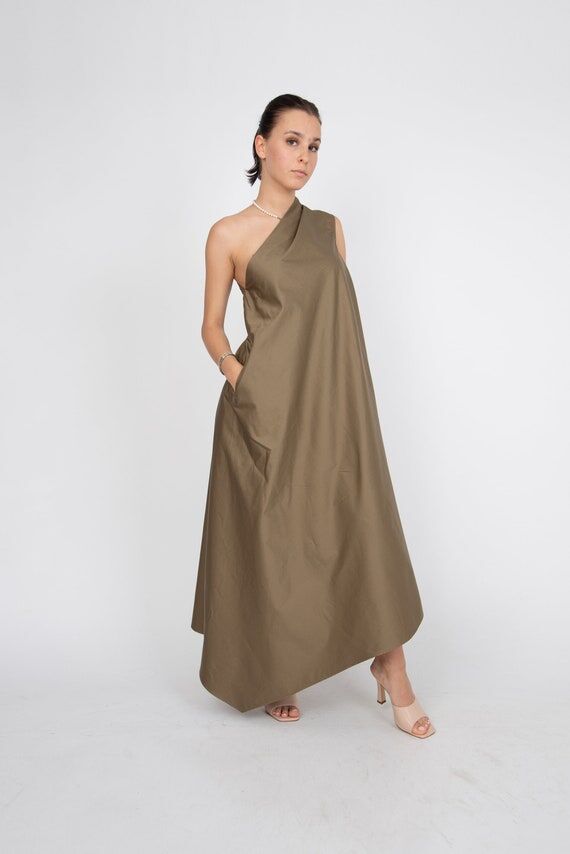 One Shoulder Cotton Maxi Dress, Asymmetrical ...