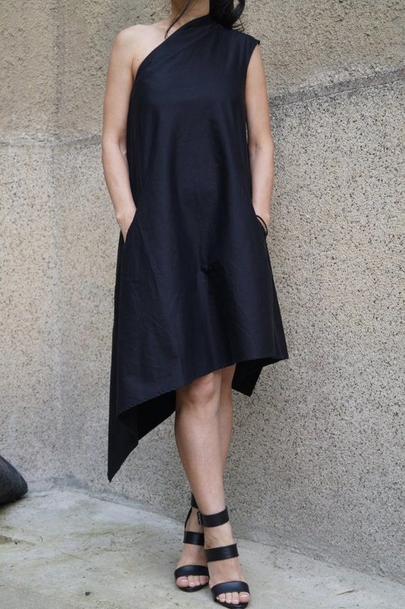 Black Cotton Asymmetrical Tunic Dress, One-Sh...