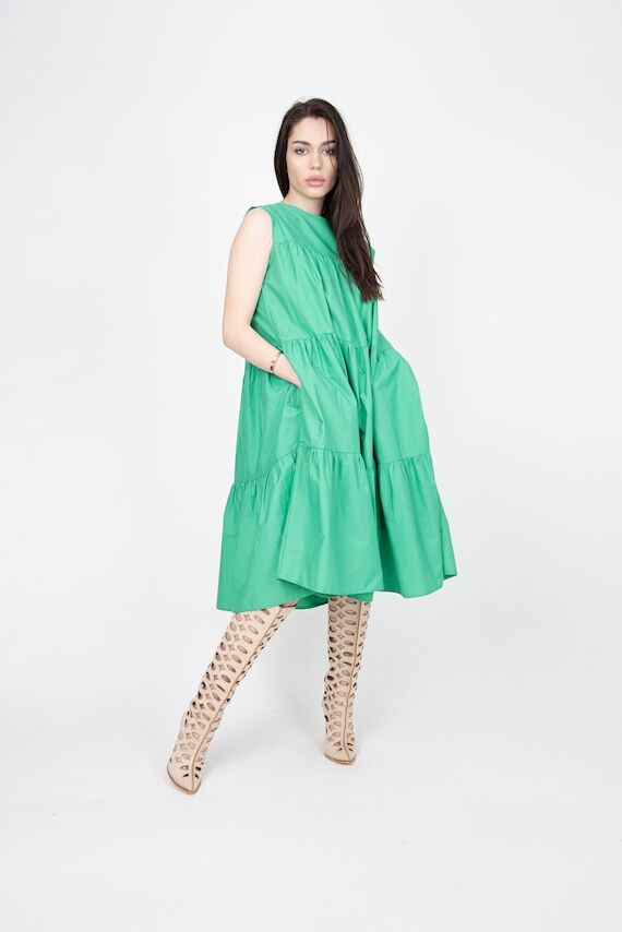 Ruffle Maxi Dress, Green Cotton Flowing Boho ...