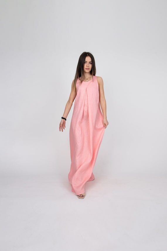 Oversized Linen Maxi Dress, Sleeveless Kaftan...