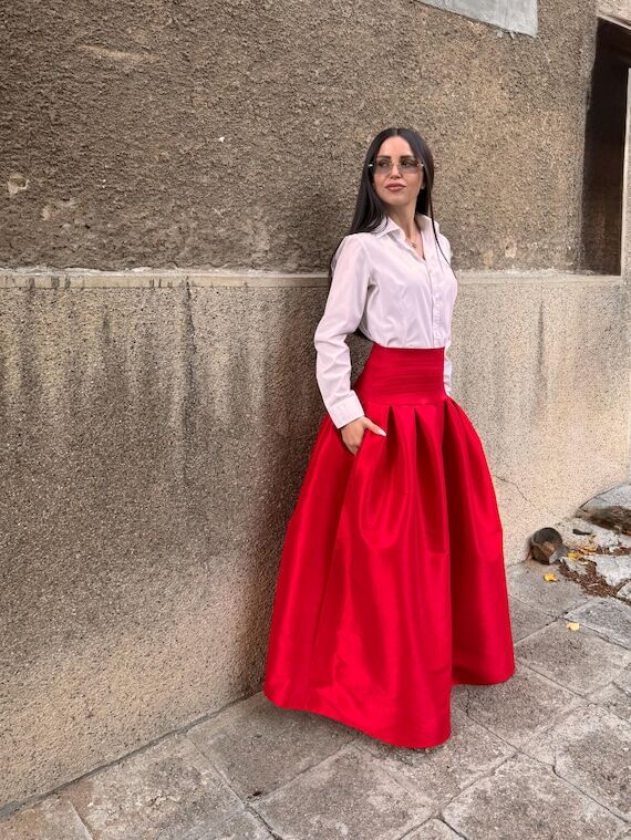 Red Taffeta Maxi Skirt, Handmade Formal Long ...
