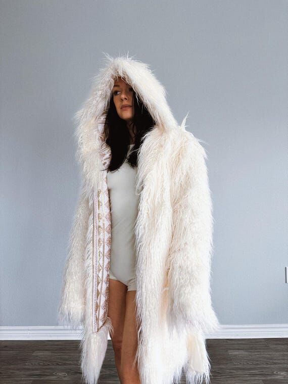 Reversible Faux Fur Hooded Coat, Beaded Geome...