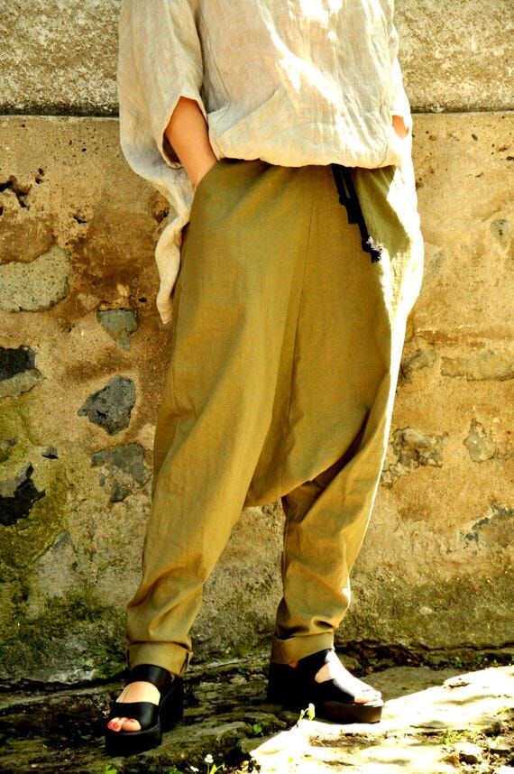Green Linen Harem Pants, Drop Crotch Trousers...