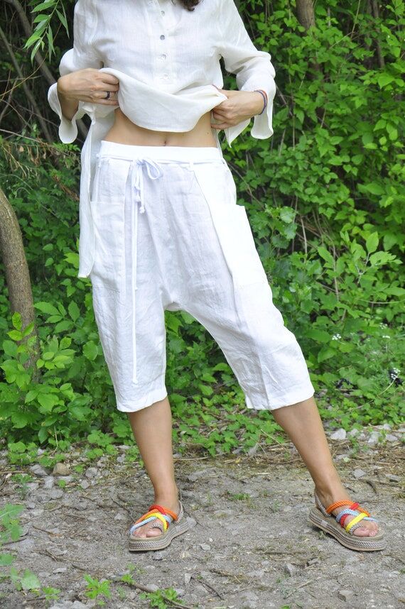 White Linen Pants, Linen Crop Pants, Linen Ba...