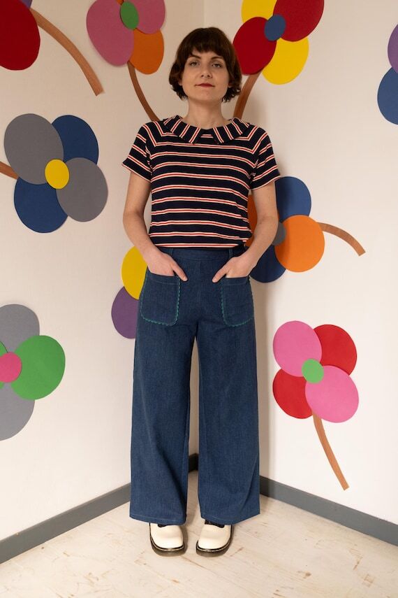 Handmade Vintage Denim Dark blue Palazzo Jean...