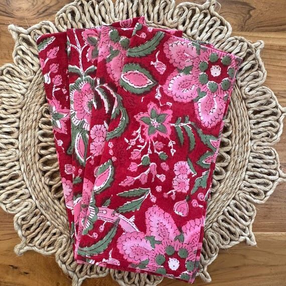 Hand-block printed floral napkins|100% Cotton...