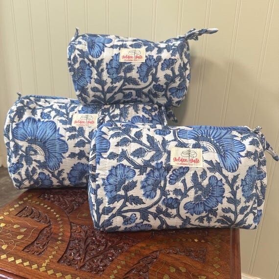 Quilted Cotton Makeup Bags: Hand Block-Printe...