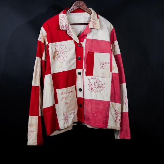 Redwork Quilt Coat, Antique Embroidered Patch...