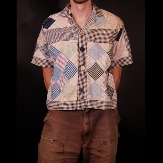 Antique Quilt Patchwork Shirt, Cropped Camp C...