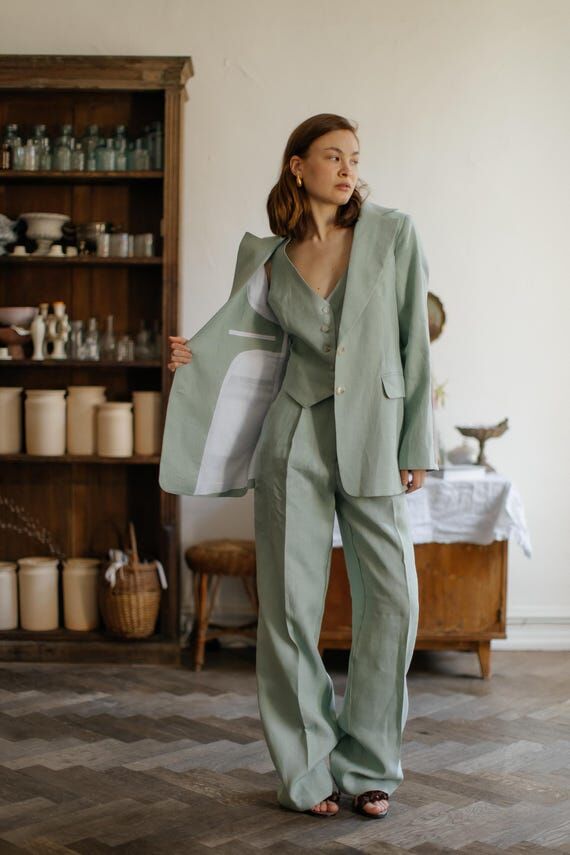 Sage Green Linen 3-piece matching suit straig...