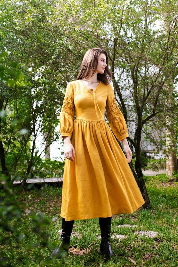 Marivelle Linen Dress – Mustard Yellow Midi...