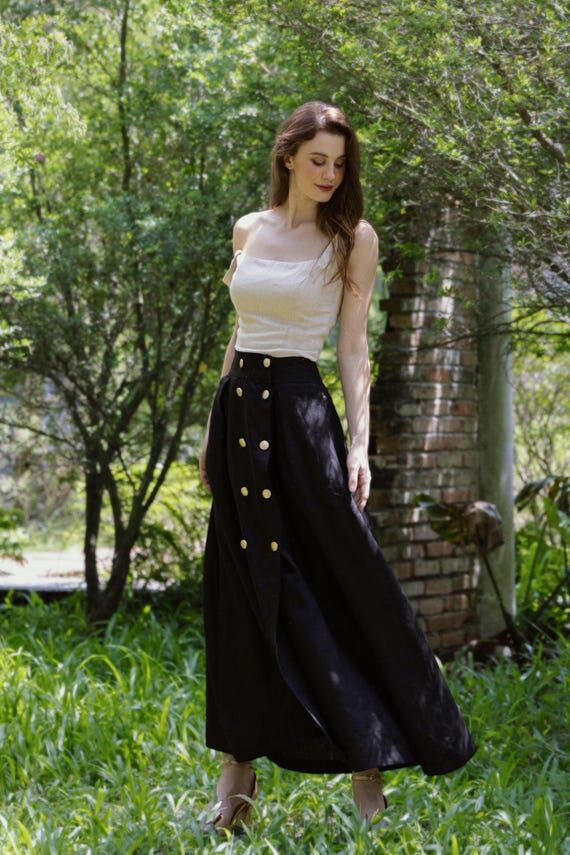 Delphine Linen Skirt – Black High Waisted M...