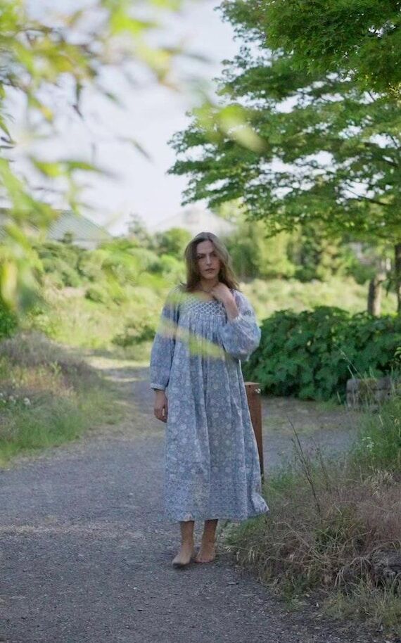 Hand Block Printed Cotton Maxi Dress, Blue Wa...
