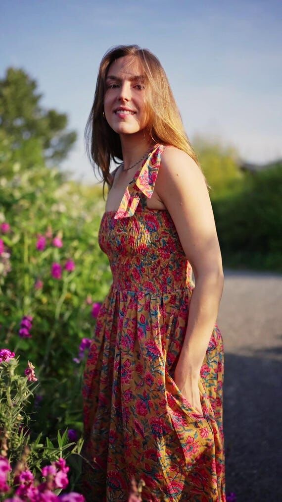 Handmade Smocked Cotton Maxi Dress, Floral Bo...