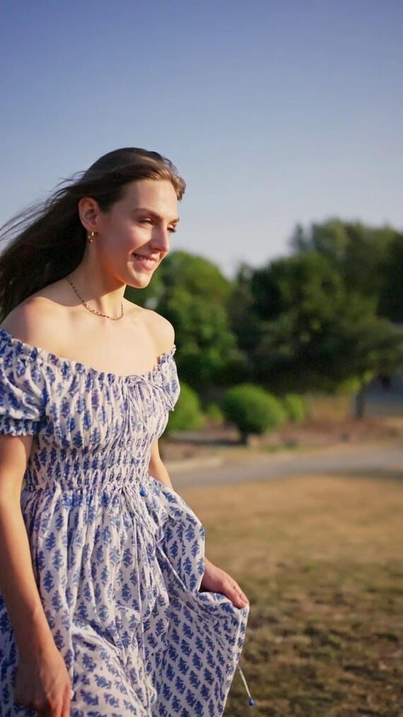 Handmade Cotton Summer Dress, Lapis Bloom Flo...