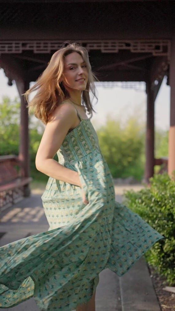 Handmade Cotton Maxi Dress, Block Printed Flo...