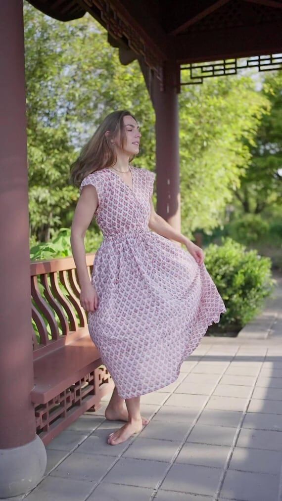Handmade Block Printed Cotton Midi Dress, Pin...