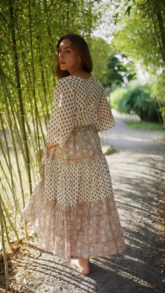 Boho Cotton Maxi Dress, Hand Block Printed Ti...