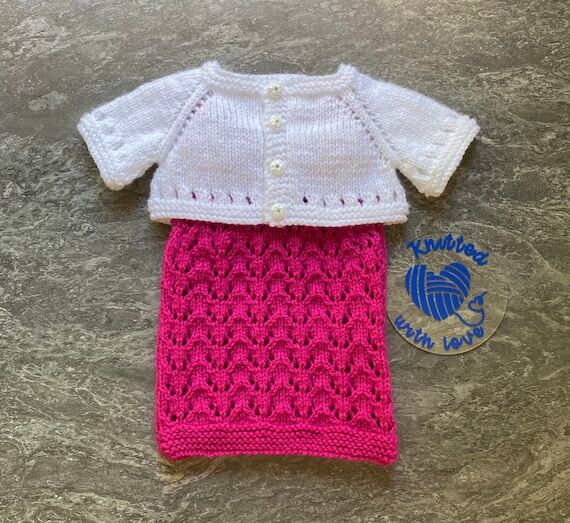 Hand knitted baby girls 2 piece pinafore & mi...