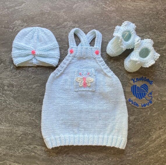 Hand knitted baby girls pinafore, hat and boo...