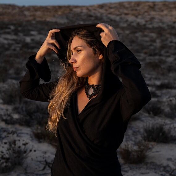 Black Wrap Hoodie Top: Boho Festival Long Sle...