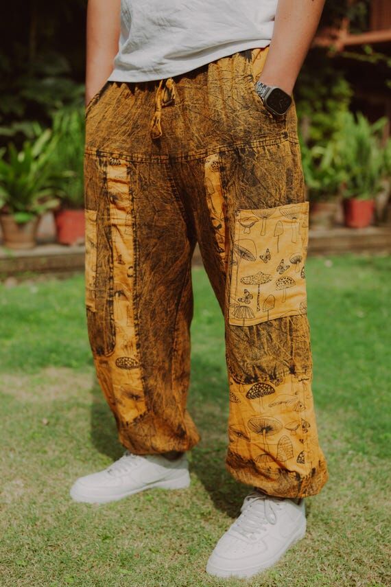 Mushroom Print Cotton Pants - Relaxed Fit Boh...