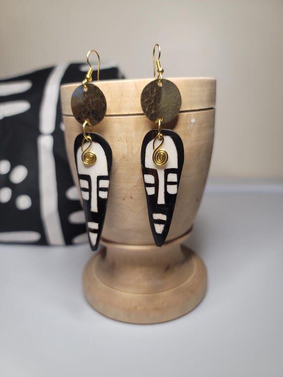 Handmade African Mask Earrings: Brass & Cowri...