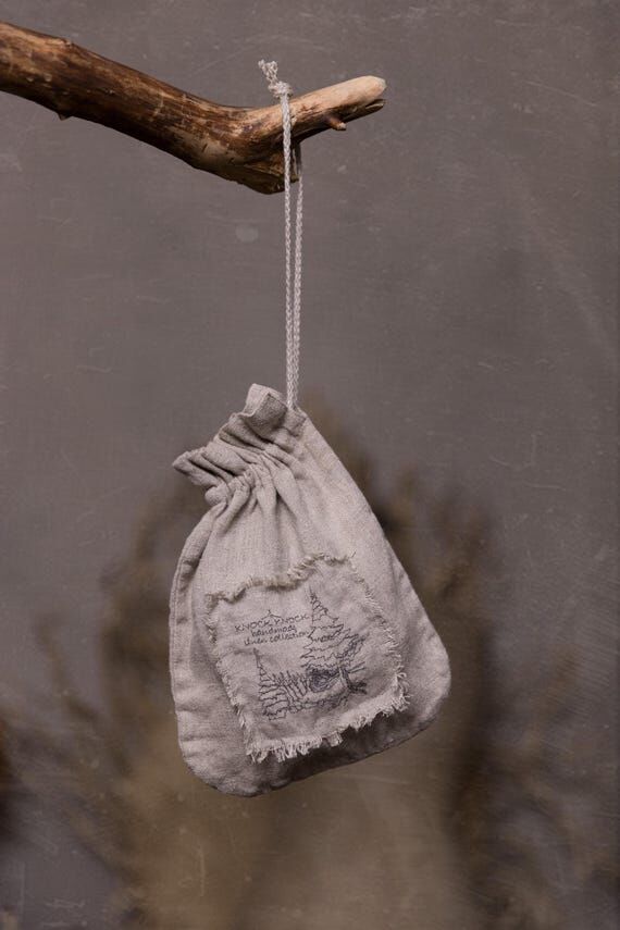 Linen Bag Pouch, Antique-style linen drawstri...