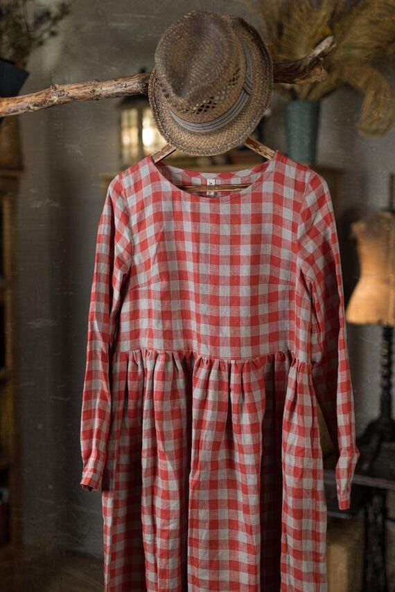linen gingham dress PEONY, long sleeve checke...