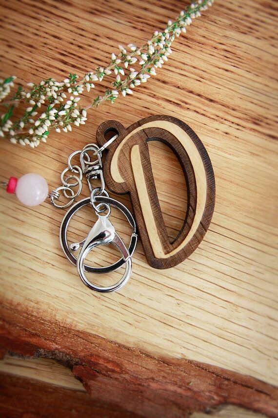 Personalized Wooden Initial Keychain: Hand-Le...