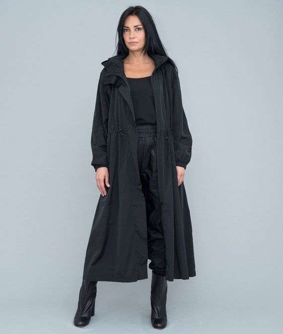 Black Hooded Raincoat: Long Windbreaker Jacke...