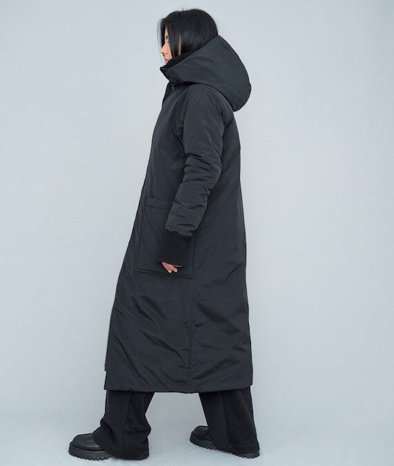 Zip Up Winter Cocoon Jacket, Black Parka with...